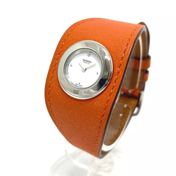 HERMES FG2.110 Fable manchette Quartz Wristwatch SS / leather Silver x orange - Picture 1 of 9